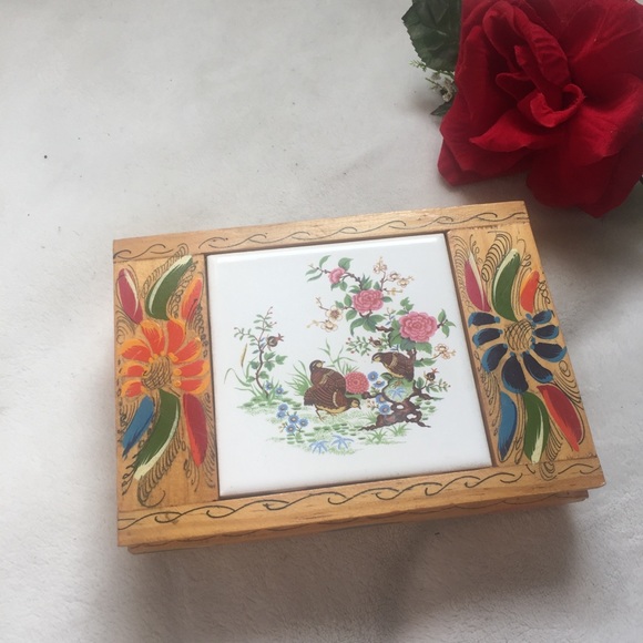 Vintage Decorated Wooden Trinket Jewelry B… - Picture 1 of 10